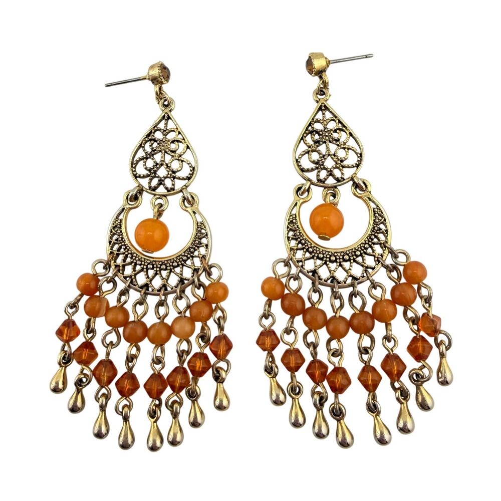 Boho Ornate Filigree Chandelier Orange Bead Dangle Drop Gold Tone 3" Earrings
